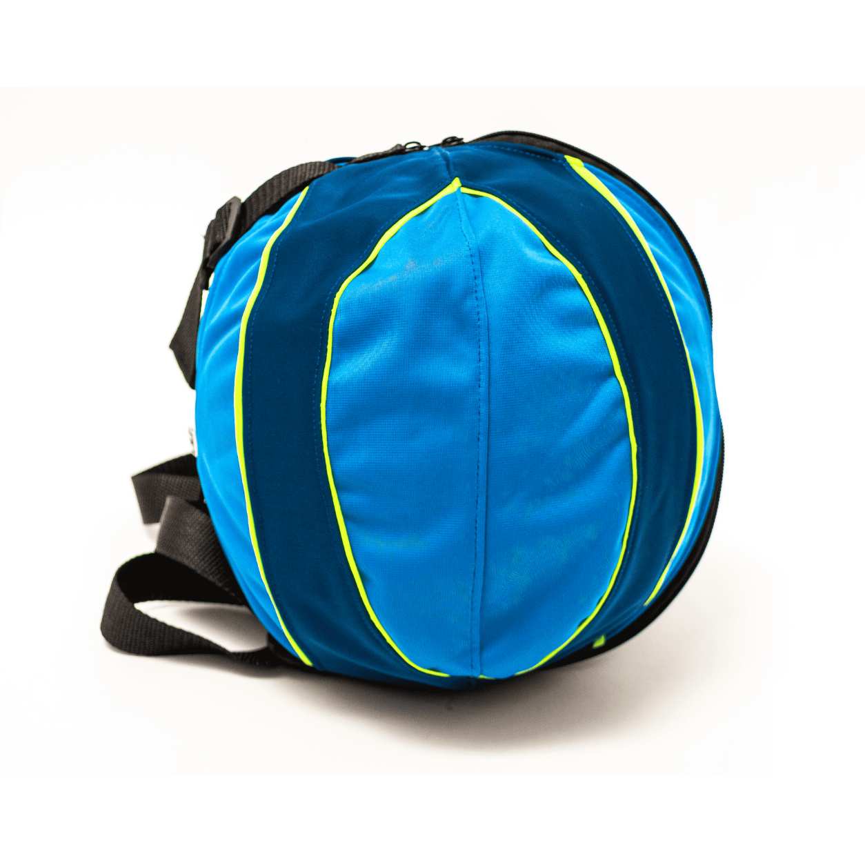 PORTA PELOTA CELESTE CON AZUL Y FRANJAS AMARILLAS